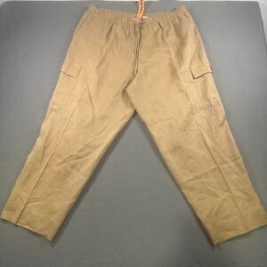 Toto n Ko Women 2X Tan 100% Linen Cargo Pants Elastic Waist Drawstring Khaki